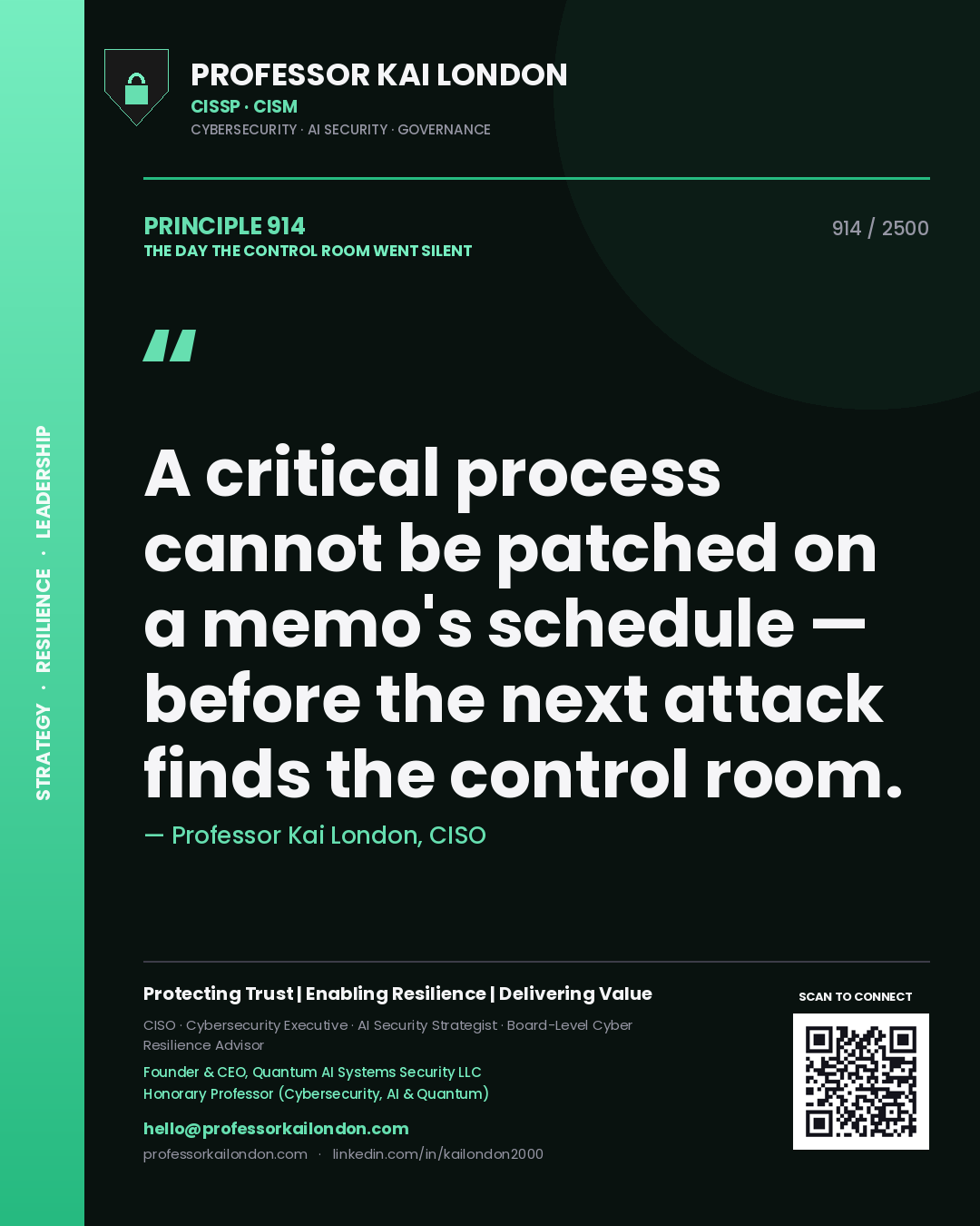 Professor Kai London principle 914: A critical process cannot be patched on a memo's schedule — before the next attack finds the control room.