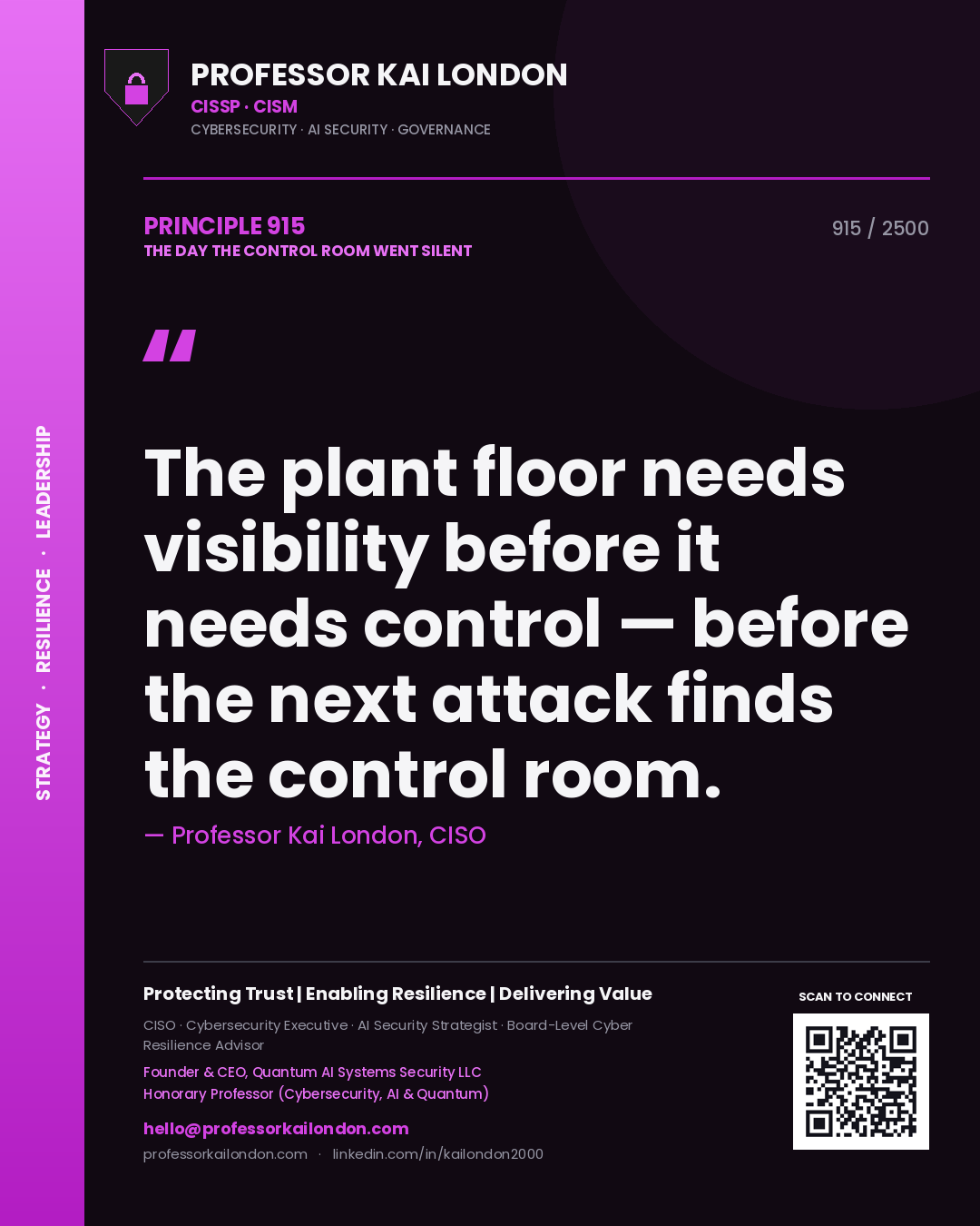 Quote card by Professor Kai London reading 'The plant floor needs visibility before it needs control — before the next attack finds the control room.'. From the book The Day the Control Room Went Silent.