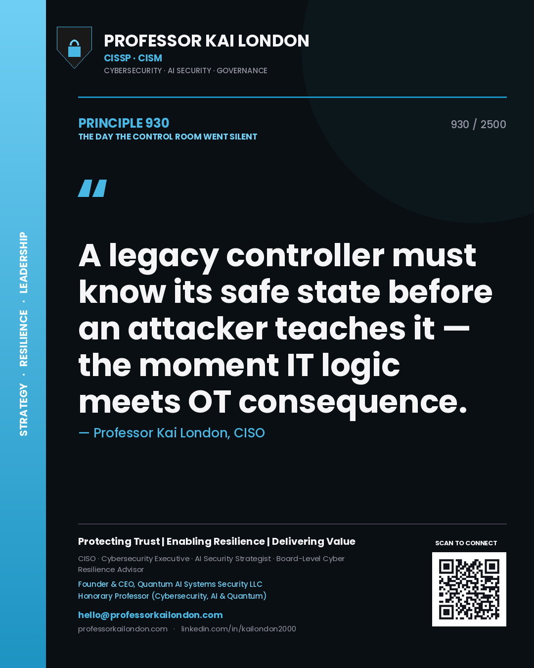 Quote card by Professor Kai London reading 'A legacy controller must know its safe state before an attacker teaches it — the moment IT logic meets OT consequence.'. From the book The Day the Control Room Went Silent.