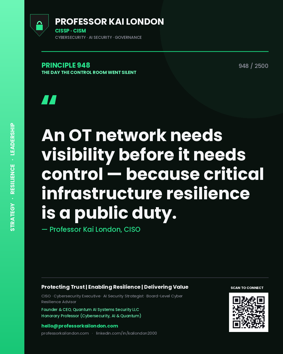 Professor Kai London principle 948: An OT network needs visibility before it needs control — because critical infrastructure resilience is a public duty.
