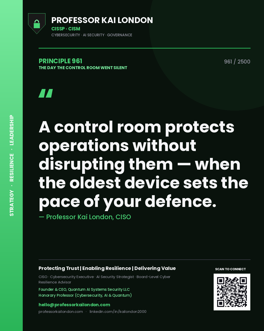 Quote card by Professor Kai London reading 'A control room protects operations without disrupting them — when the oldest device sets the pace of your defence.'. From the book The Day the Control Room Went Silent.