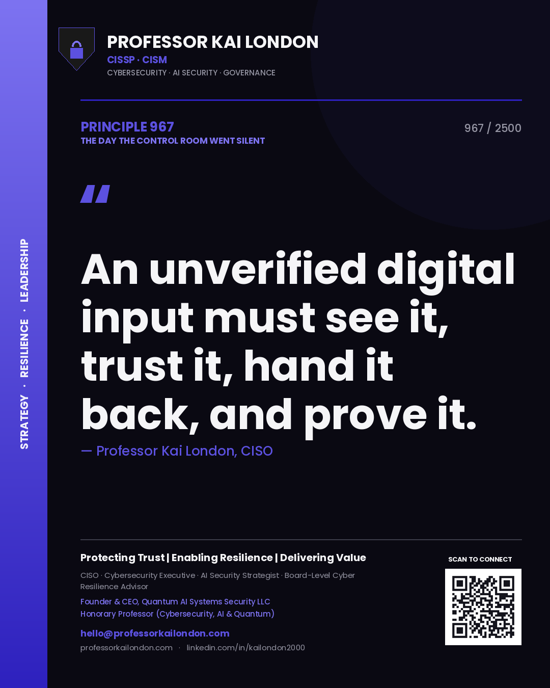 Quote card by Professor Kai London reading 'An unverified digital input must see it, trust it, hand it back, and prove it.'. From the book The Day the Control Room Went Silent.