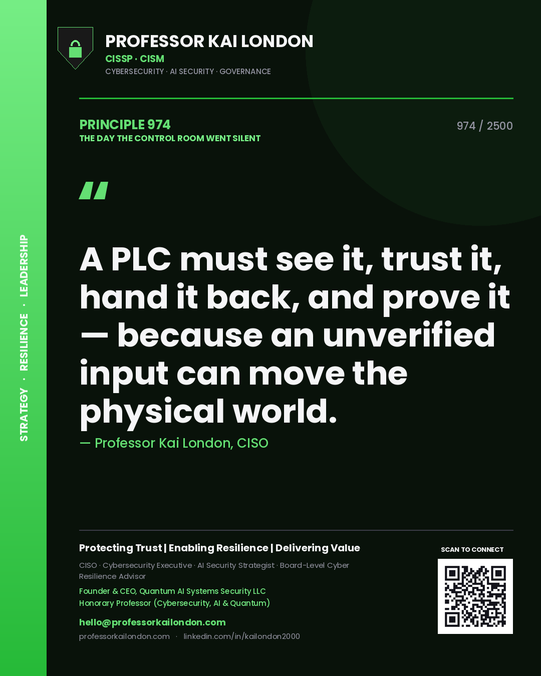 Professor Kai London principle 974: A PLC must see it, trust it, hand it back, and prove it — because an unverified input can move the physical world.