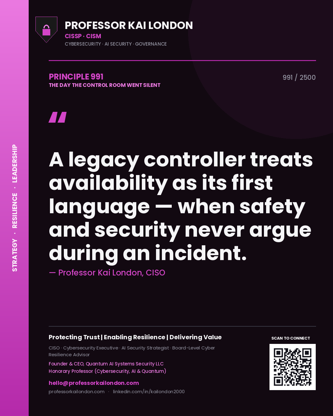 Quote card by Professor Kai London reading 'A legacy controller treats availability as its first language — when safety and security never argue during an incident.'. From the book The Day the Control Room Went Silent.