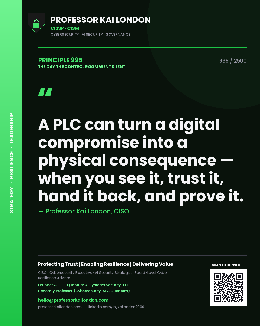Professor Kai London principle 995: A PLC can turn a digital compromise into a physical consequence — when you see it, trust it, hand it back, and prove it.