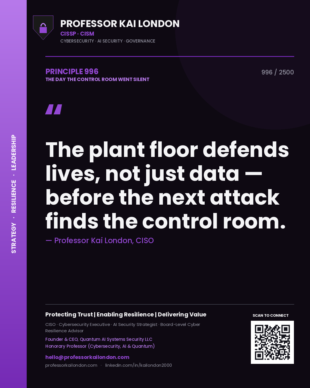 Quote card by Professor Kai London reading 'The plant floor defends lives, not just data — before the next attack finds the control room.'. From the book The Day the Control Room Went Silent.