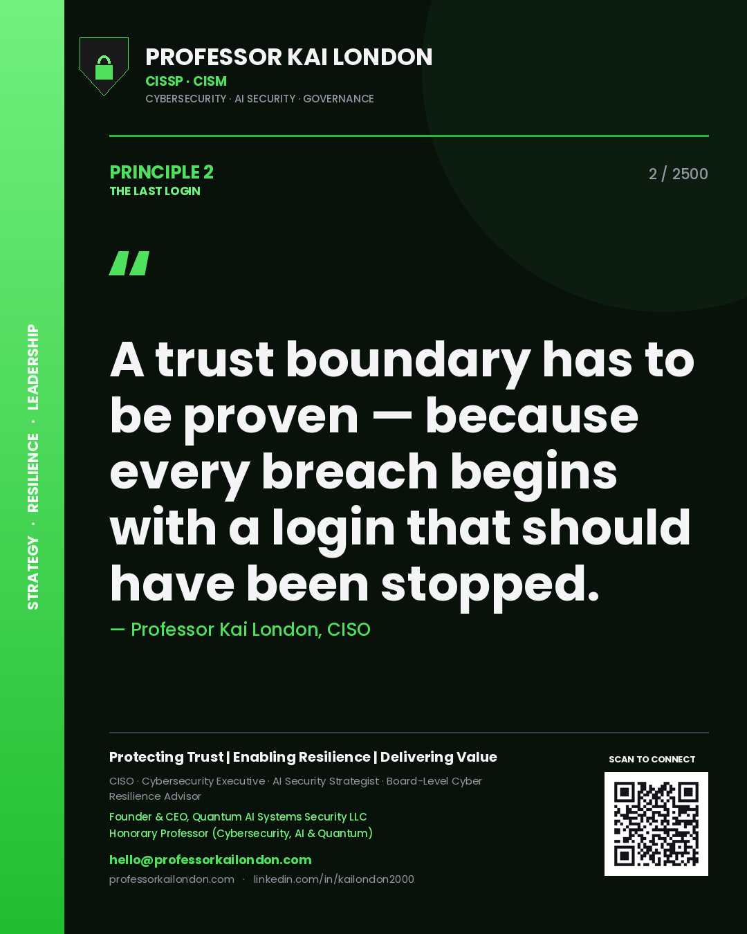 Quote card by Professor Kai London reading 'A trust boundary has to be proven — because every breach begins with a login that should have been stopped.'. From the book The Last Login.