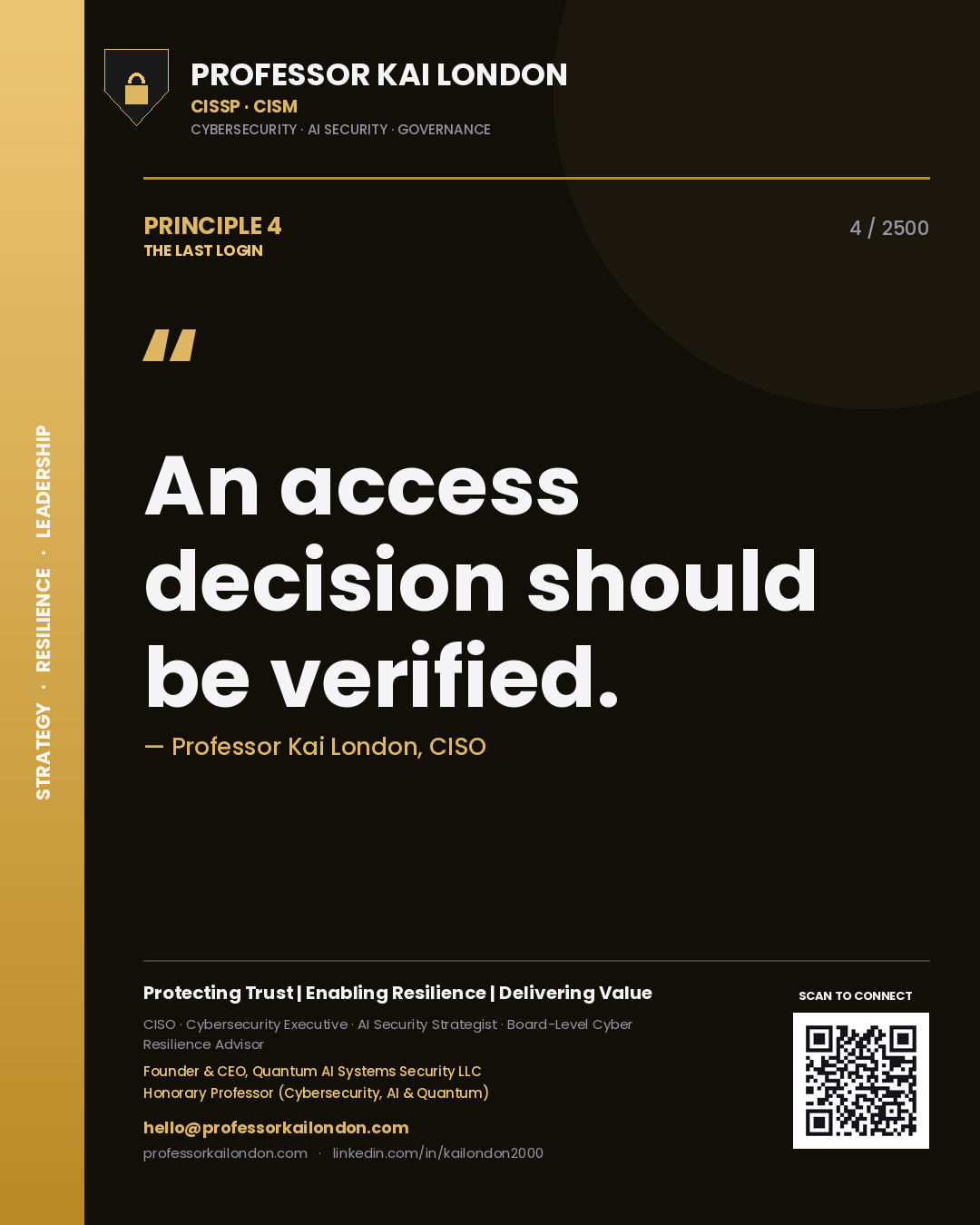 Quote card by Professor Kai London reading 'An access decision should be verified.'. From the book The Last Login.