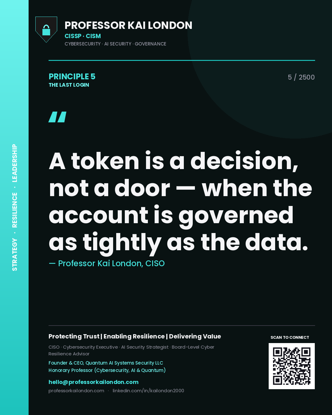 Quote card by Professor Kai London reading 'A token is a decision, not a door — when the account is governed as tightly as the data.'. From the book The Last Login.