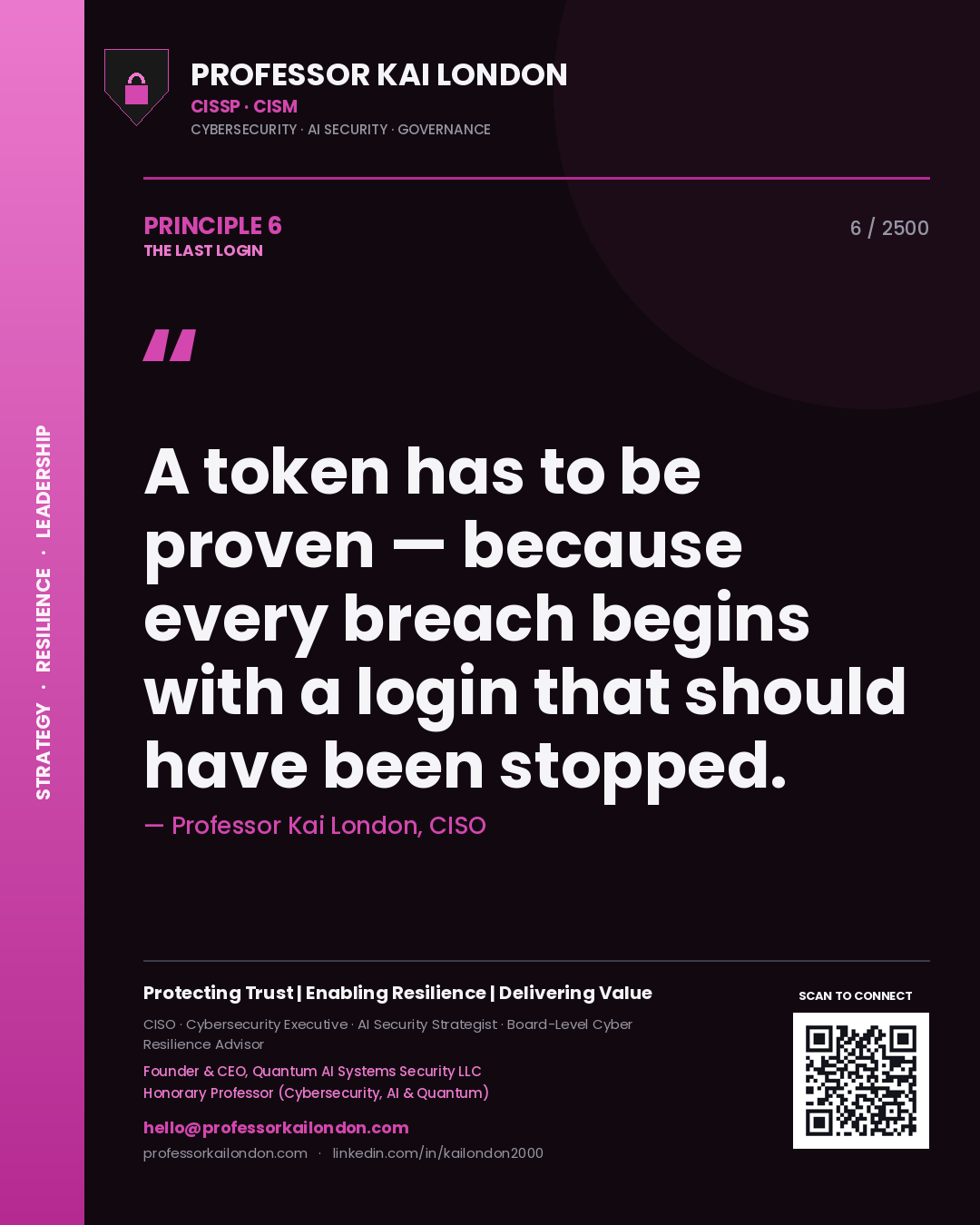 Quote card by Professor Kai London reading 'A token has to be proven — because every breach begins with a login that should have been stopped.'. From the book The Last Login.