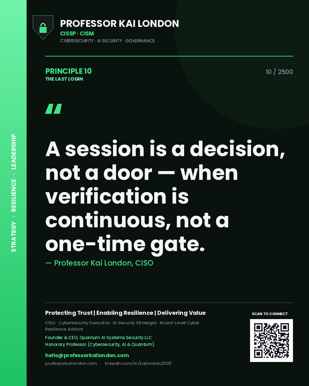 Quote card by Professor Kai London reading 'A session is a decision, not a door — when verification is continuous, not a one-time gate.'. From the book The Last Login.