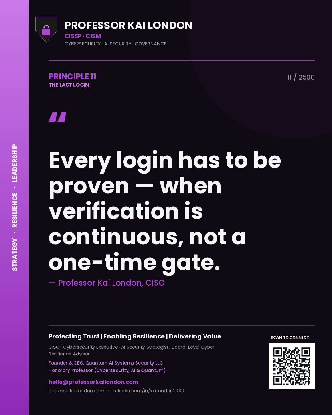 Quote card by Professor Kai London reading 'Every login has to be proven — when verification is continuous, not a one-time gate.'. From the book The Last Login.