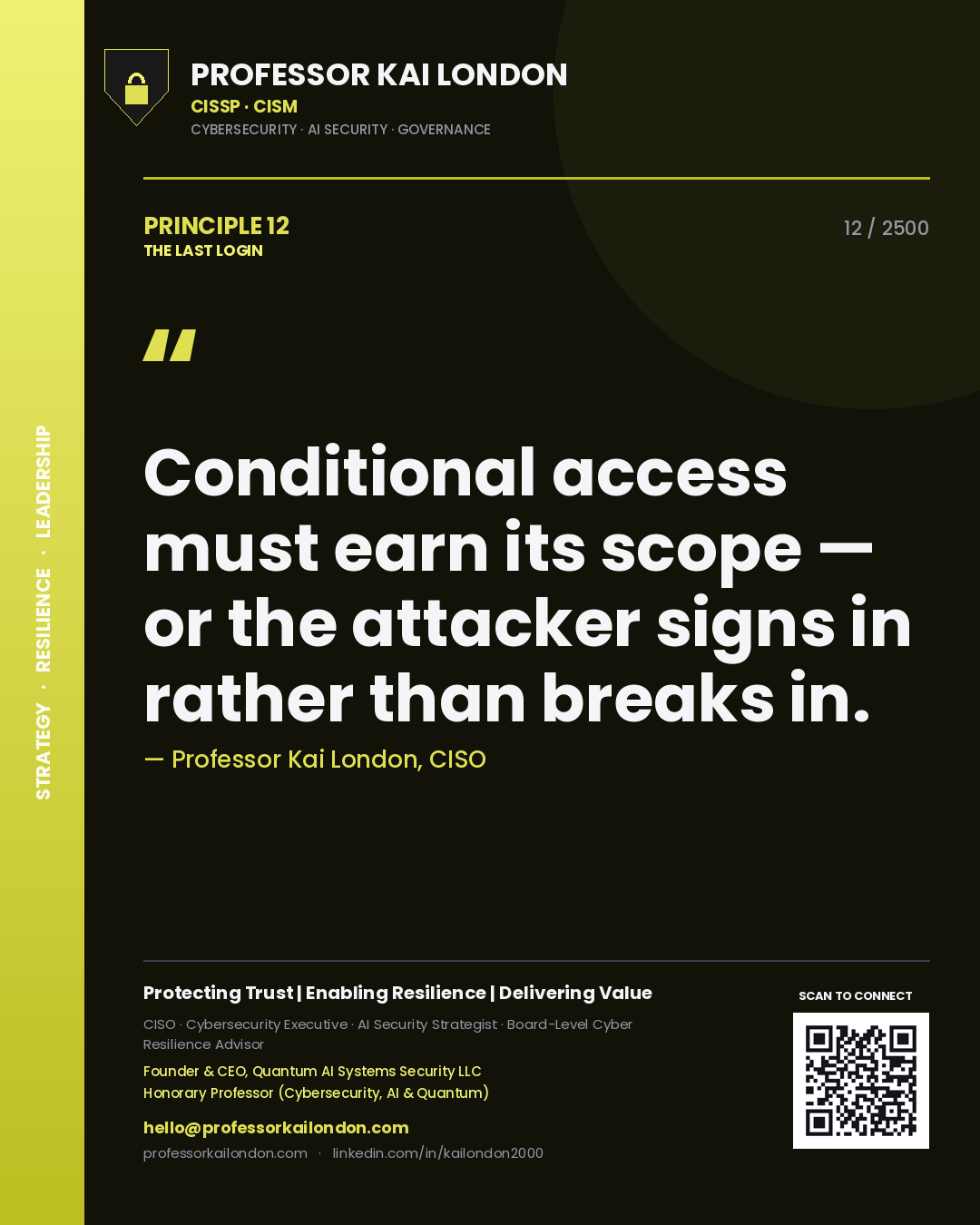 Quote card by Professor Kai London reading 'Conditional access must earn its scope — or the attacker signs in rather than breaks in.'. From the book The Last Login.
