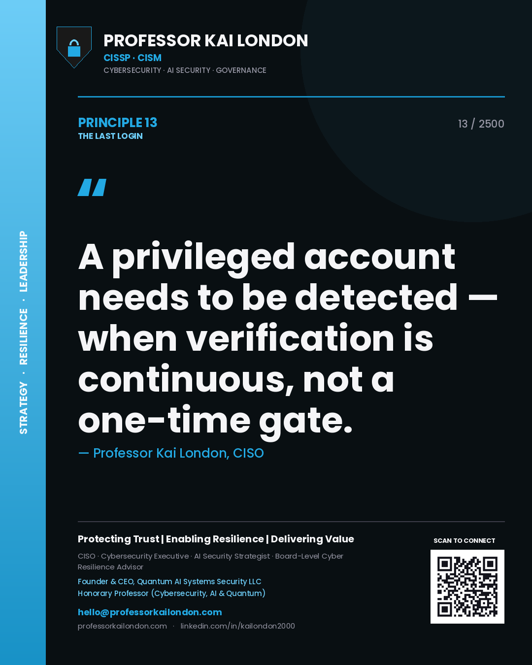 Quote card by Professor Kai London reading 'A privileged account needs to be detected — when verification is continuous, not a one-time gate.'. From the book The Last Login.