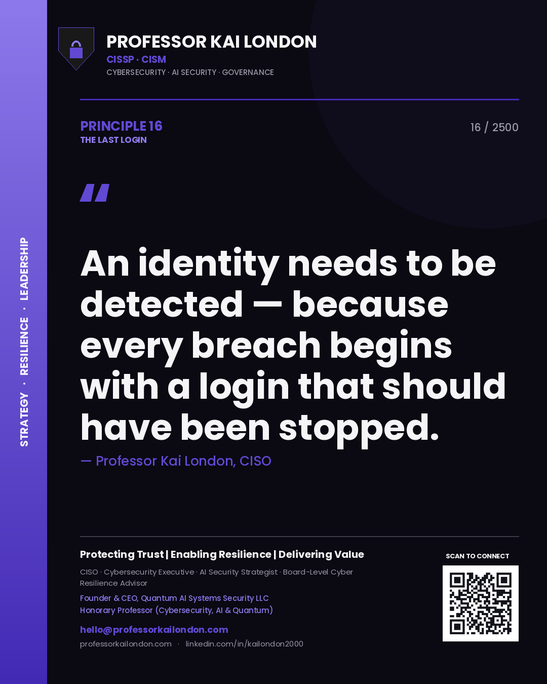 Quote card by Professor Kai London reading 'An identity needs to be detected — because every breach begins with a login that should have been stopped.'. From the book The Last Login.