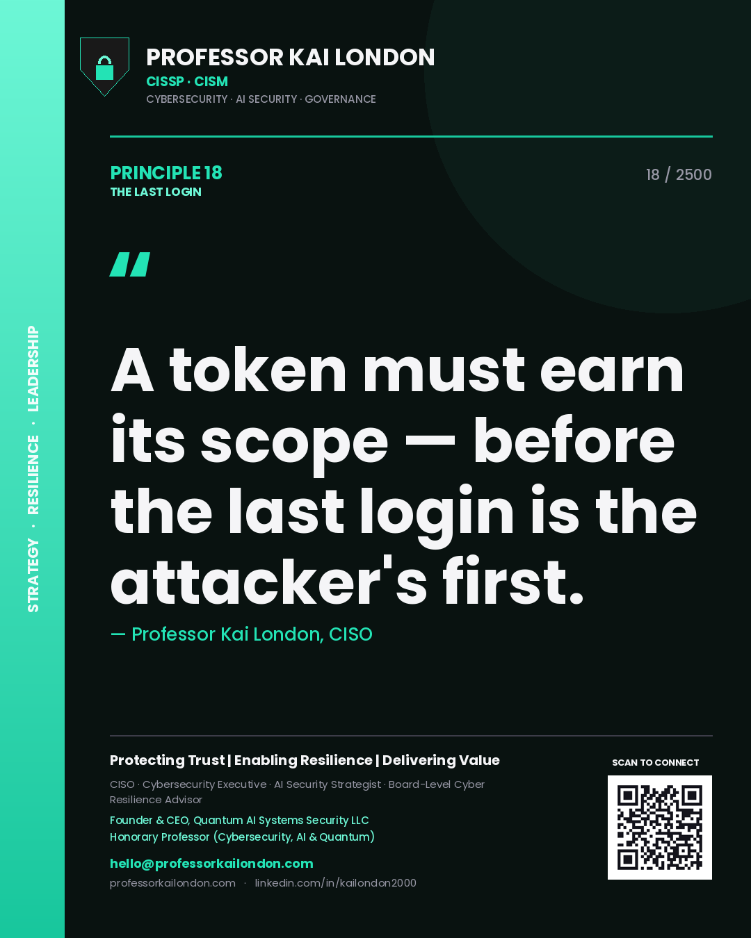Quote card by Professor Kai London reading 'A token must earn its scope — before the last login is the attacker's first.'. From the book The Last Login.