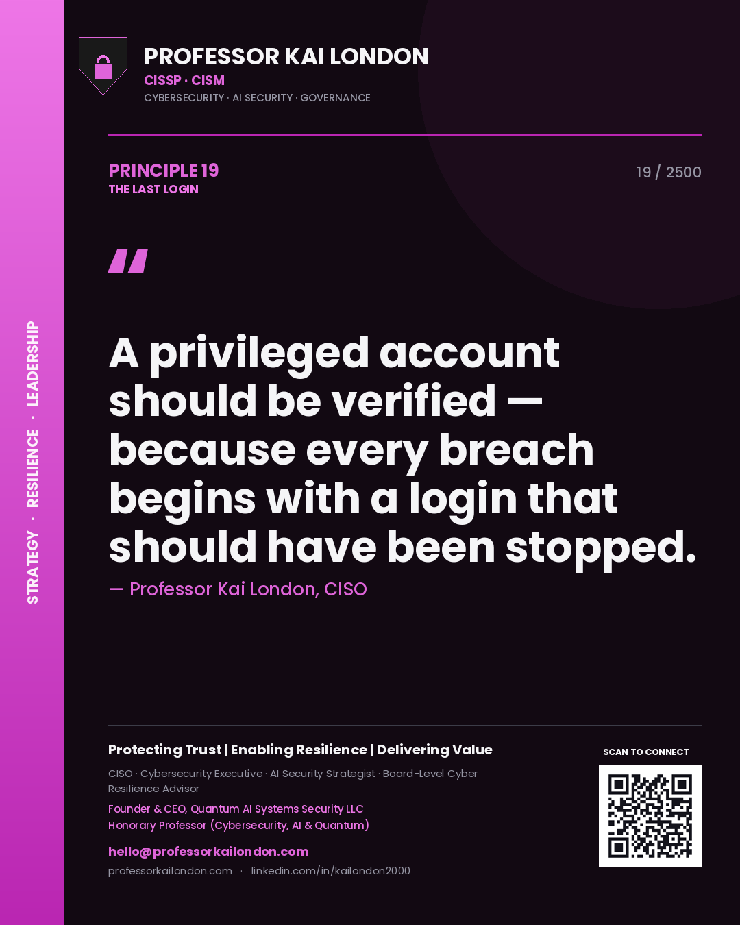 Quote card by Professor Kai London reading 'A privileged account should be verified — because every breach begins with a login that should have been stopped.'. From the book The Last Login.