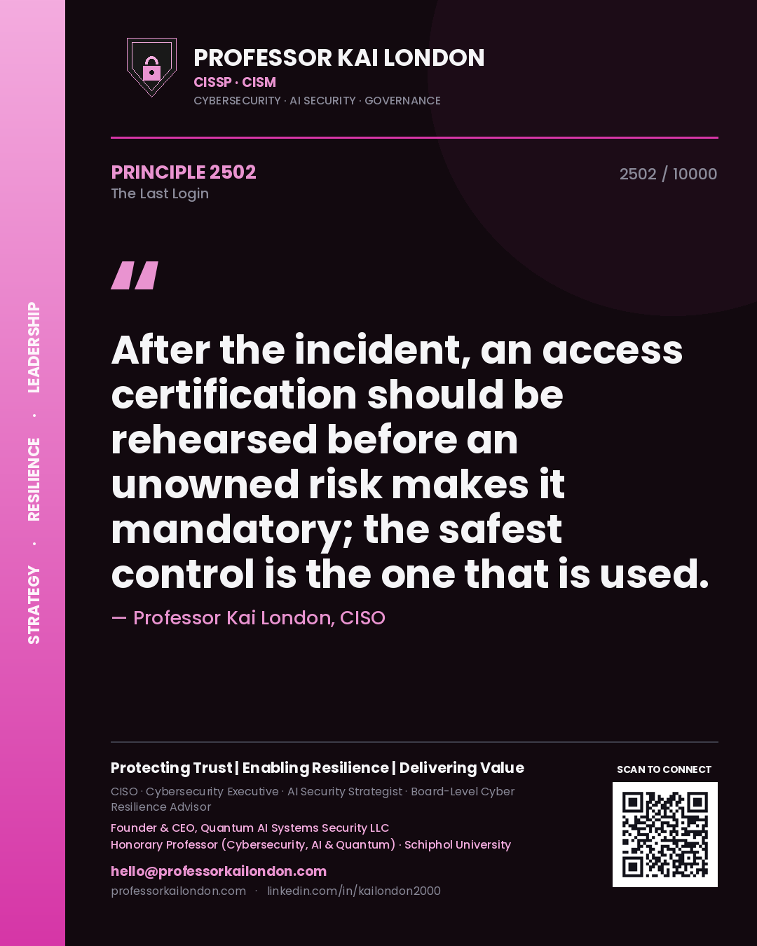 Professor Kai London principle 2502: After the incident, an access certification should be rehearsed before an unowned risk makes it mandatory; the safest control is the one that is used.