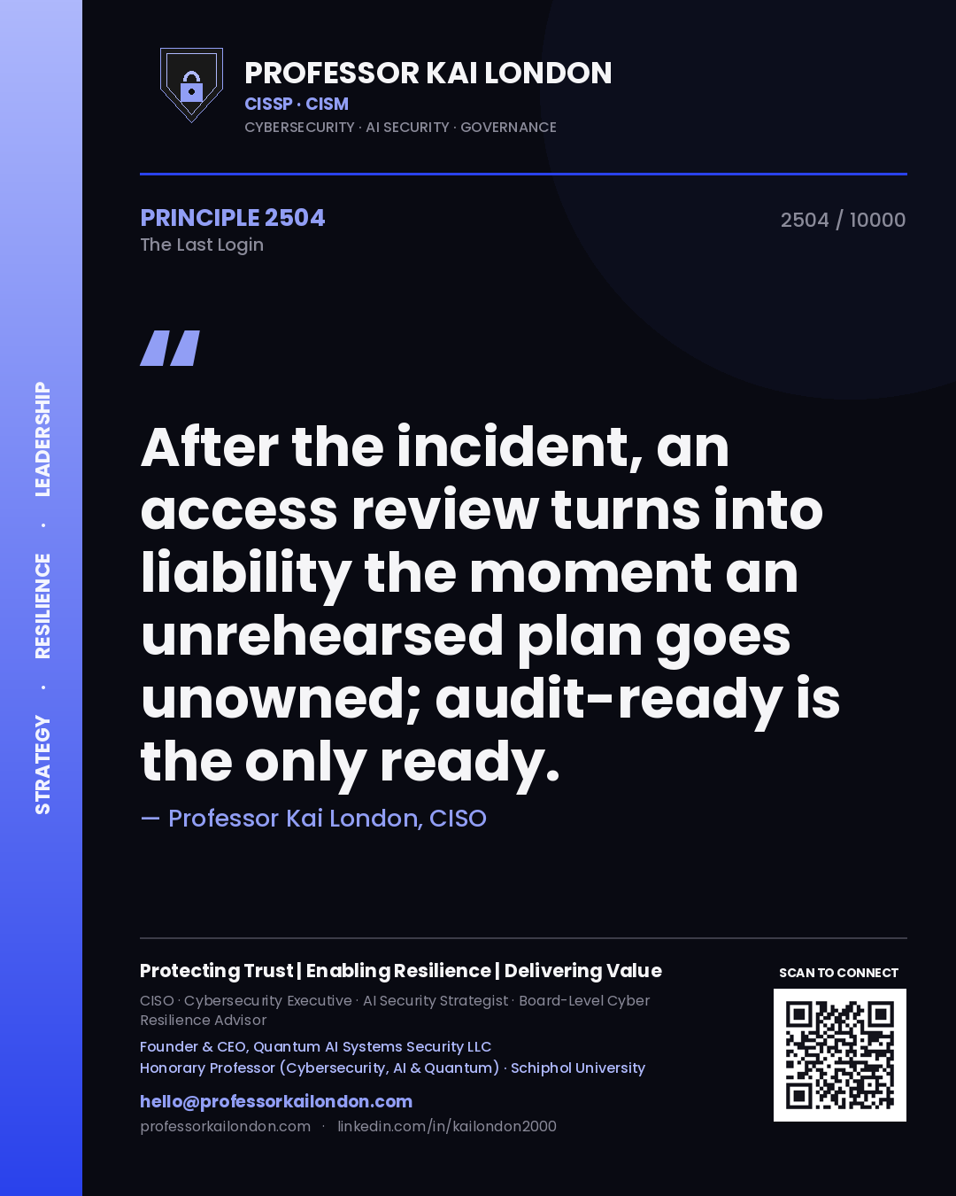 Quote card by Professor Kai London reading 'After the incident, an access review turns into liability the moment an unrehearsed plan goes unowned; audit-ready is the only ready.'. From the book The Last Login.