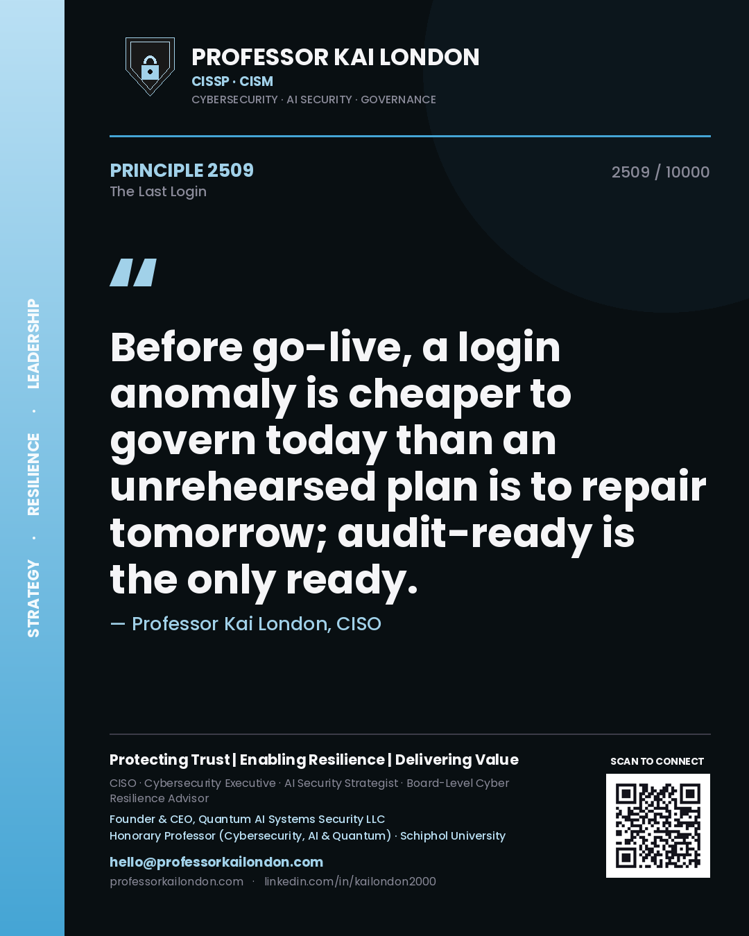 Professor Kai London principle 2509: Before go-live, a login anomaly is cheaper to govern today than an unrehearsed plan is to repair tomorrow; audit-ready is the only ready.