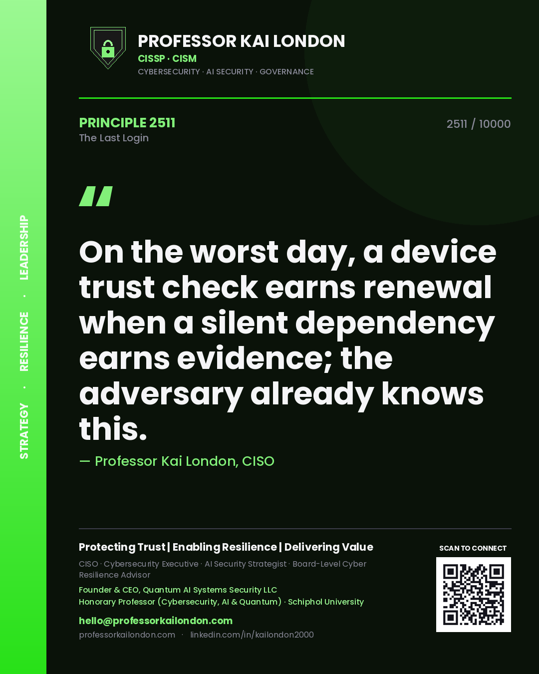 Professor Kai London principle 2511: On the worst day, a device trust check earns renewal when a silent dependency earns evidence; the adversary already knows this.