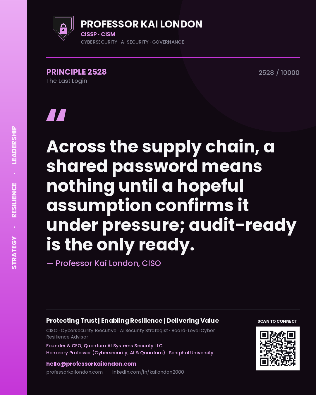 Quote card by Professor Kai London reading 'Across the supply chain, a shared password means nothing until a hopeful assumption confirms it under pressure; audit-ready is the only ready.'. From the book The Last Login.