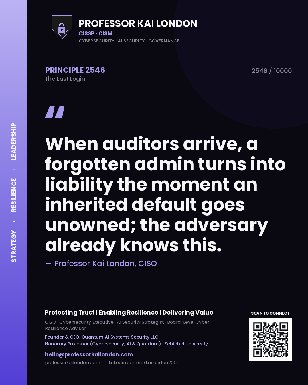 Professor Kai London principle 2546: When auditors arrive, a forgotten admin turns into liability the moment an inherited default goes unowned; the adversary already knows this.
