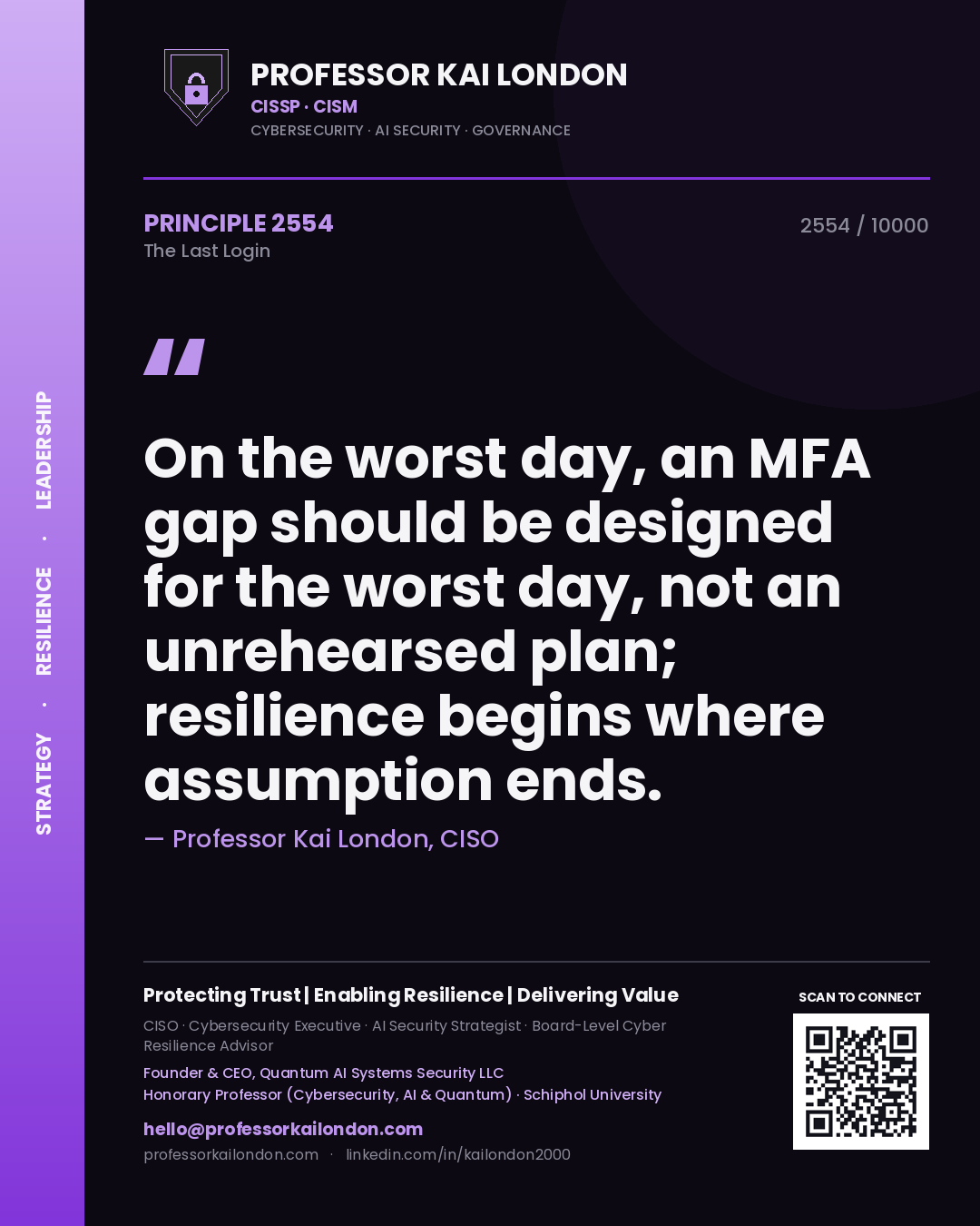 Professor Kai London principle 2554: On the worst day, an MFA gap should be designed for the worst day, not an unrehearsed plan; resilience begins where assumption ends.