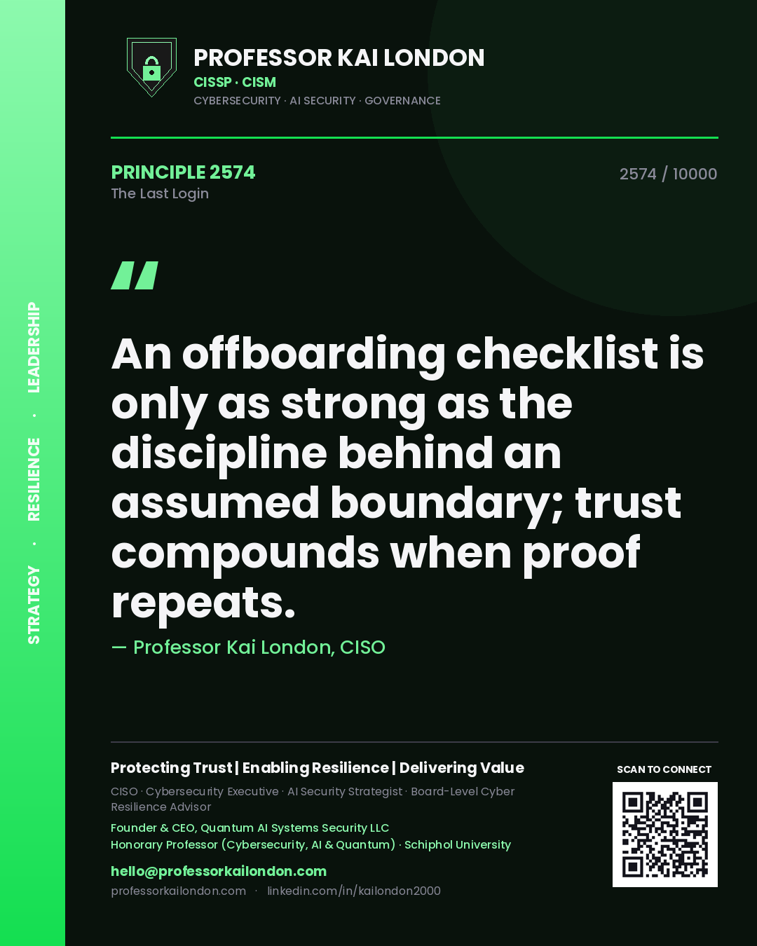 Quote card by Professor Kai London reading 'An offboarding checklist is only as strong as the discipline behind an assumed boundary; trust compounds when proof repeats.'. From the book The Last Login.