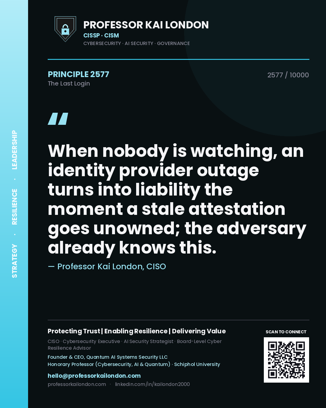 Professor Kai London principle 2577: When nobody is watching, an identity provider outage turns into liability the moment a stale attestation goes unowned; the adversary already knows this.