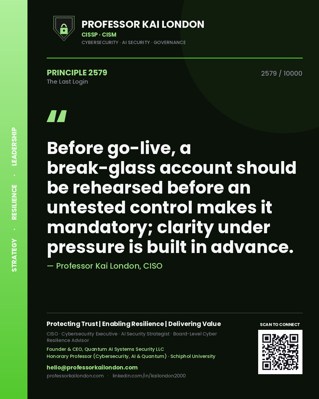 Quote card by Professor Kai London reading 'Before go-live, a break-glass account should be rehearsed before an untested control makes it mandatory; clarity under pressure is built in advance.'. From the book The Last Login.
