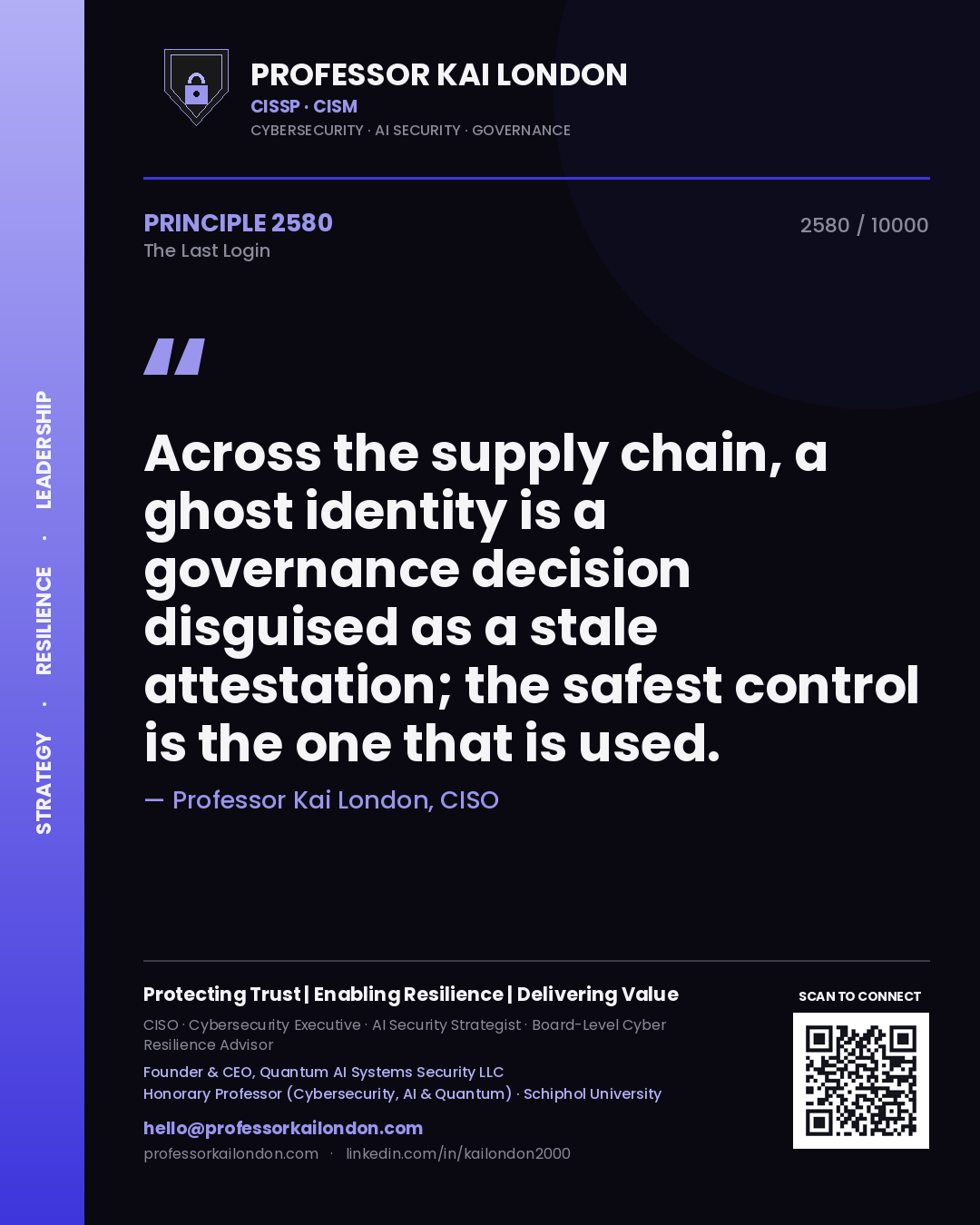 Professor Kai London principle 2580: Across the supply chain, a ghost identity is a governance decision disguised as a stale attestation; the safest control is the one that is used.