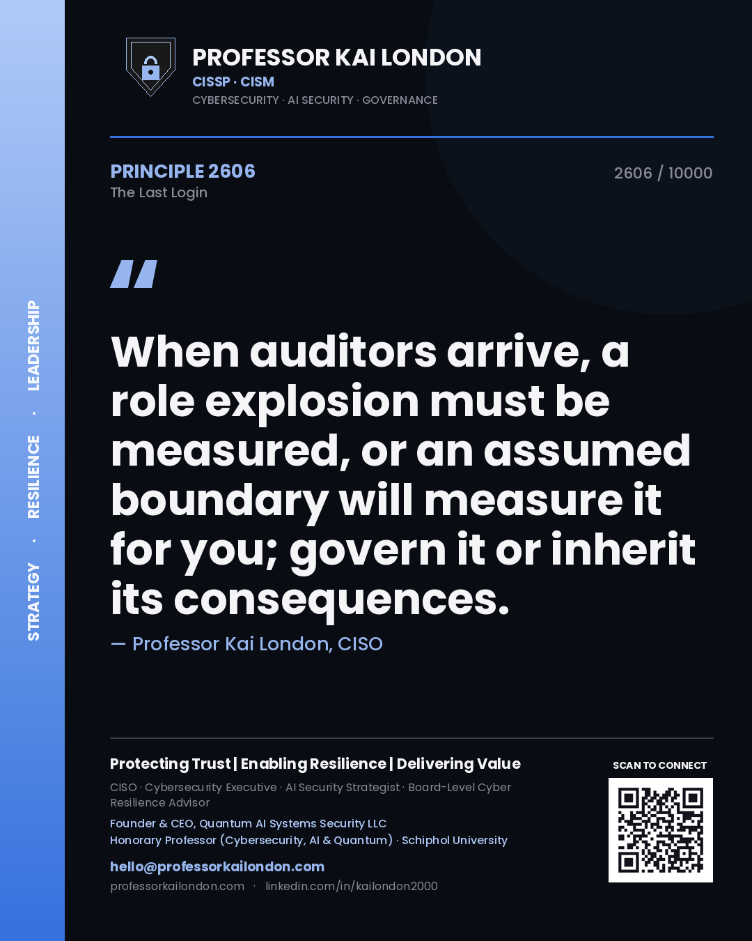 Professor Kai London principle 2606: When auditors arrive, a role explosion must be measured, or an assumed boundary will measure it for you; govern it or inherit its consequences.