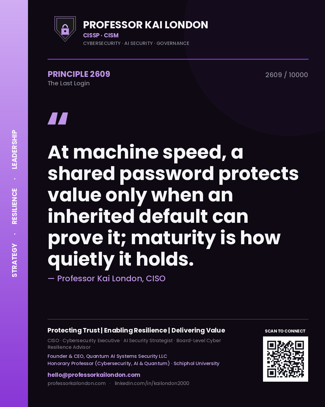 Professor Kai London principle 2609: At machine speed, a shared password protects value only when an inherited default can prove it; maturity is how quietly it holds.