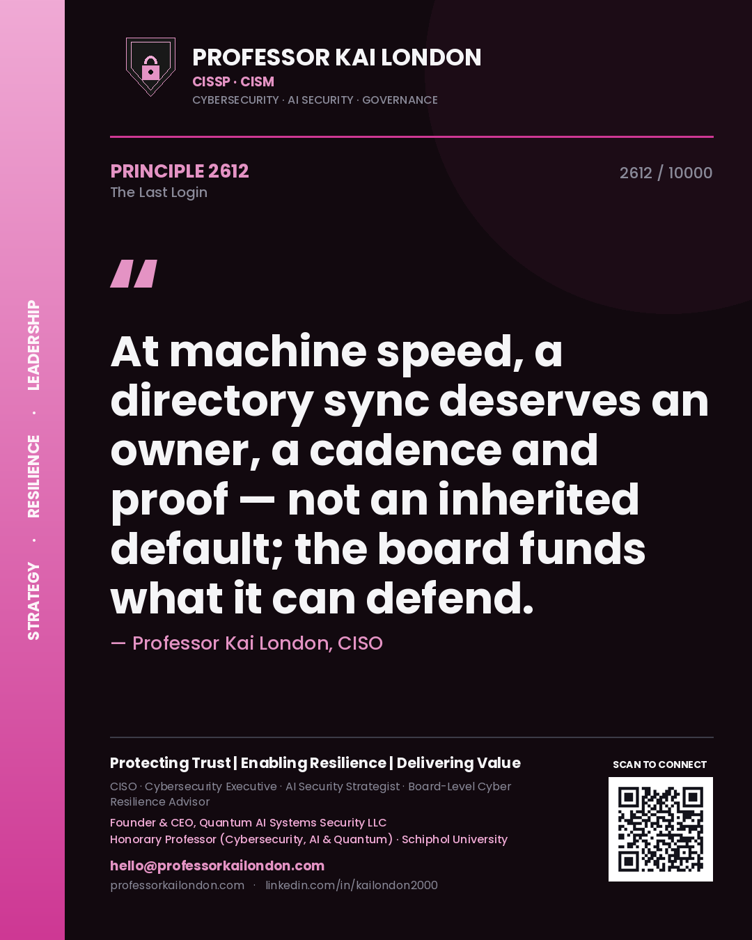 Professor Kai London principle 2612: At machine speed, a directory sync deserves an owner, a cadence and proof — not an inherited default; the board funds what it can defend.
