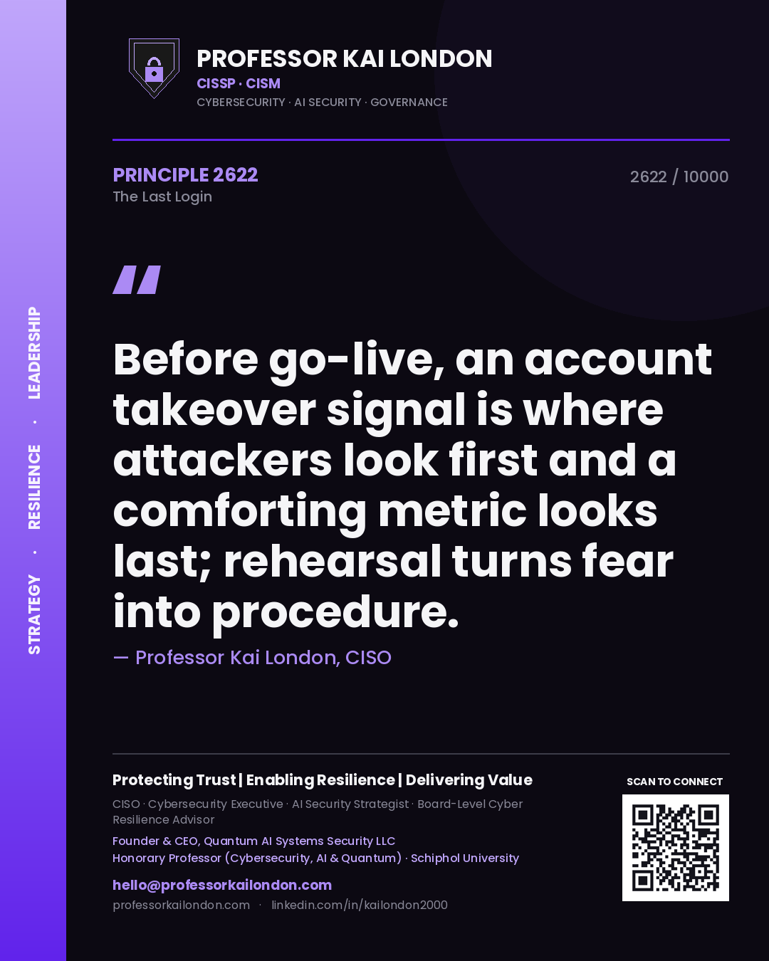 Quote card by Professor Kai London reading 'Before go-live, an account takeover signal is where attackers look first and a comforting metric looks last; rehearsal turns fear into procedure.'. From the book The Last Login.