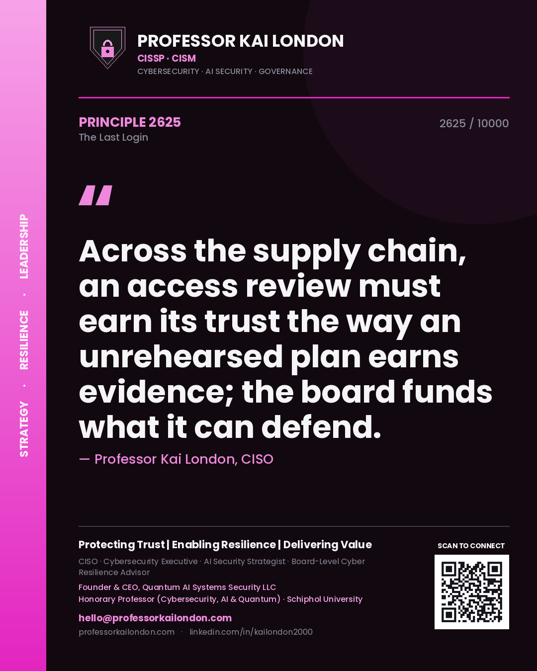 Professor Kai London principle 2625: Across the supply chain, an access review must earn its trust the way an unrehearsed plan earns evidence; the board funds what it can defend.