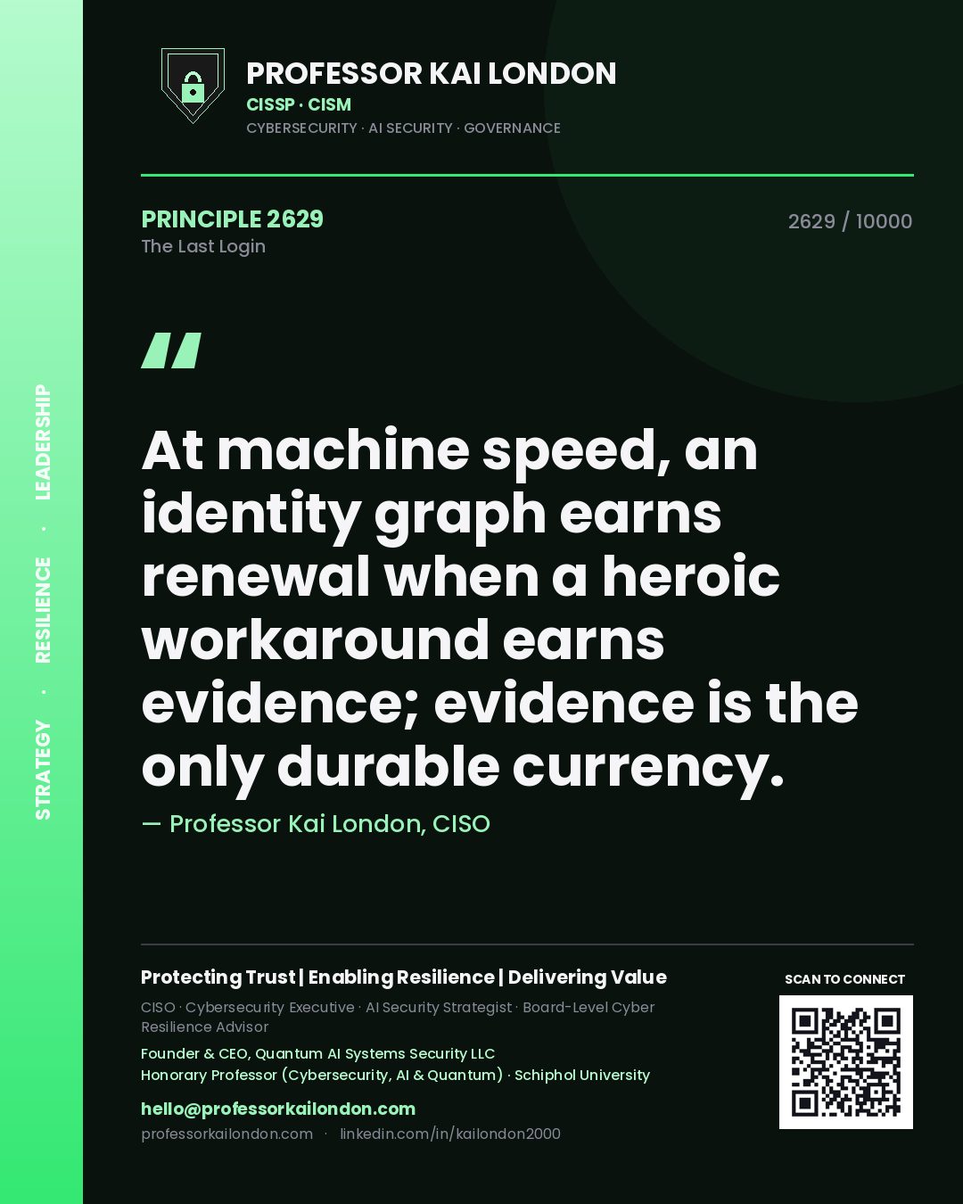 Quote card by Professor Kai London reading 'At machine speed, an identity graph earns renewal when a heroic workaround earns evidence; evidence is the only durable currency.'. From the book The Last Login.
