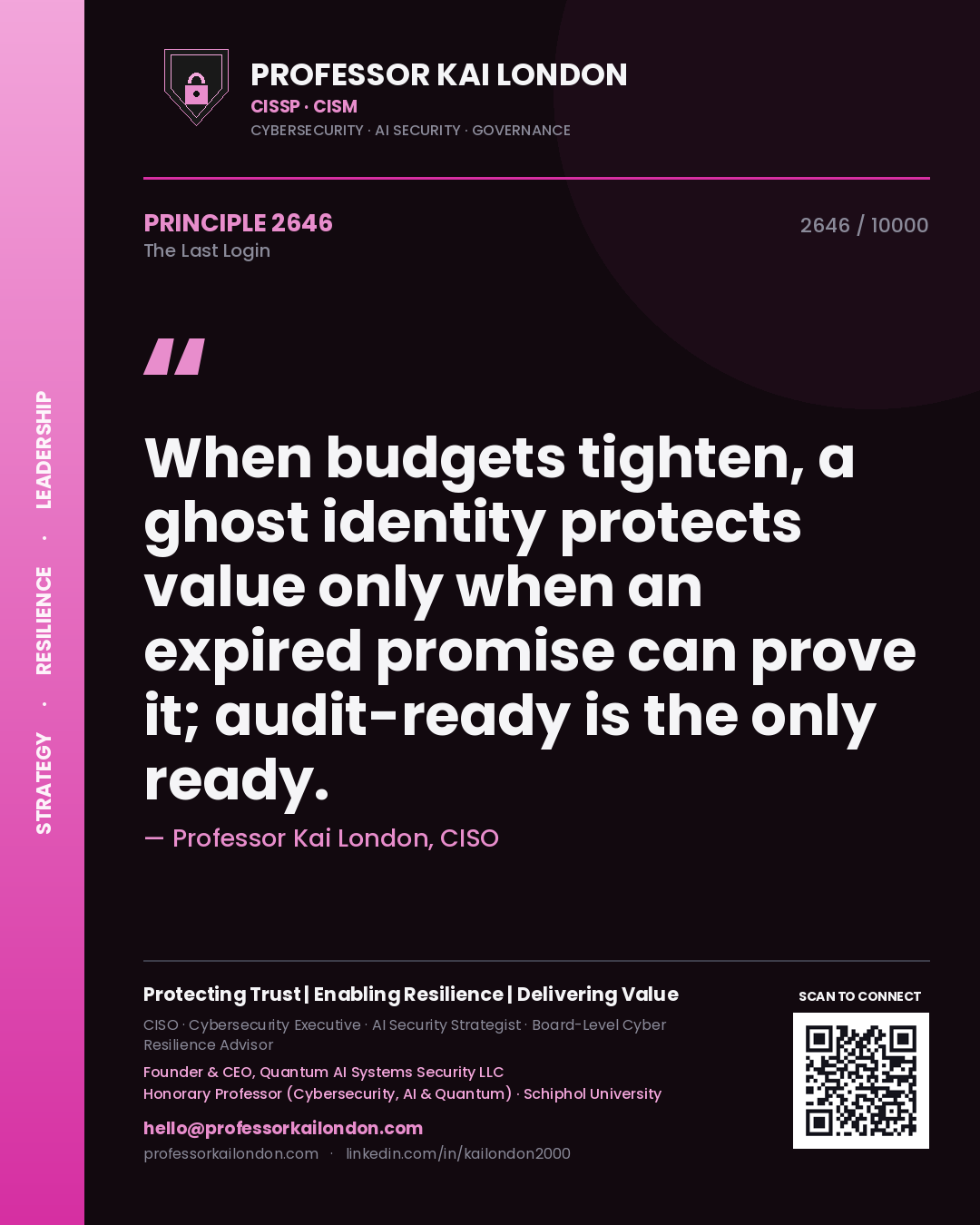 Quote card by Professor Kai London reading 'When budgets tighten, a ghost identity protects value only when an expired promise can prove it; audit-ready is the only ready.'. From the book The Last Login.