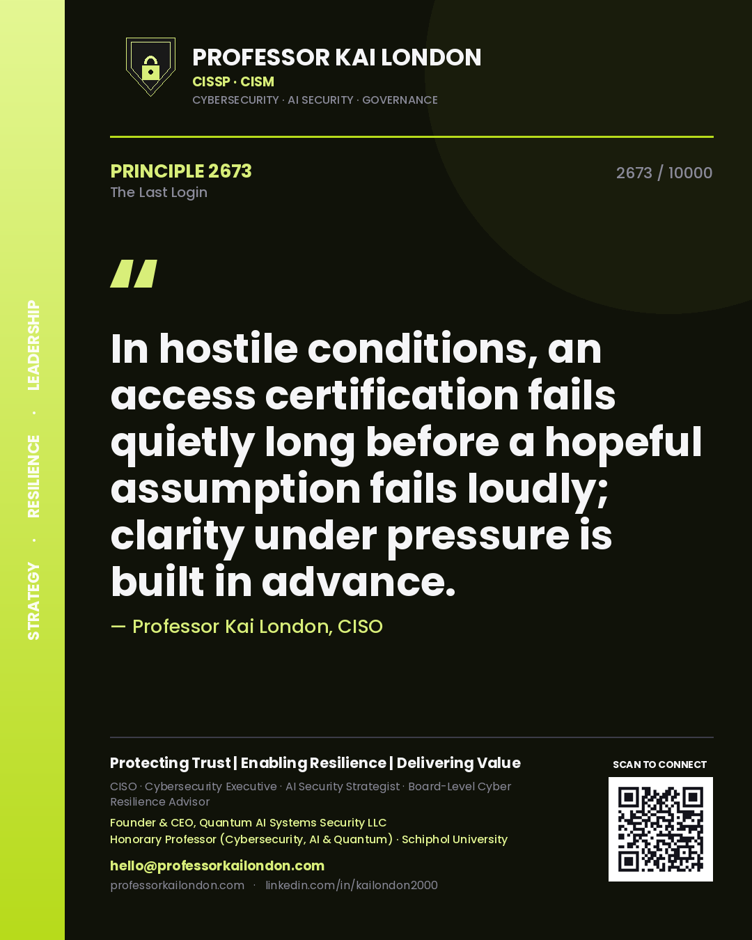 Quote card by Professor Kai London reading 'In hostile conditions, an access certification fails quietly long before a hopeful assumption fails loudly; clarity under pressure is built in advance.'. From the book The Last Login.