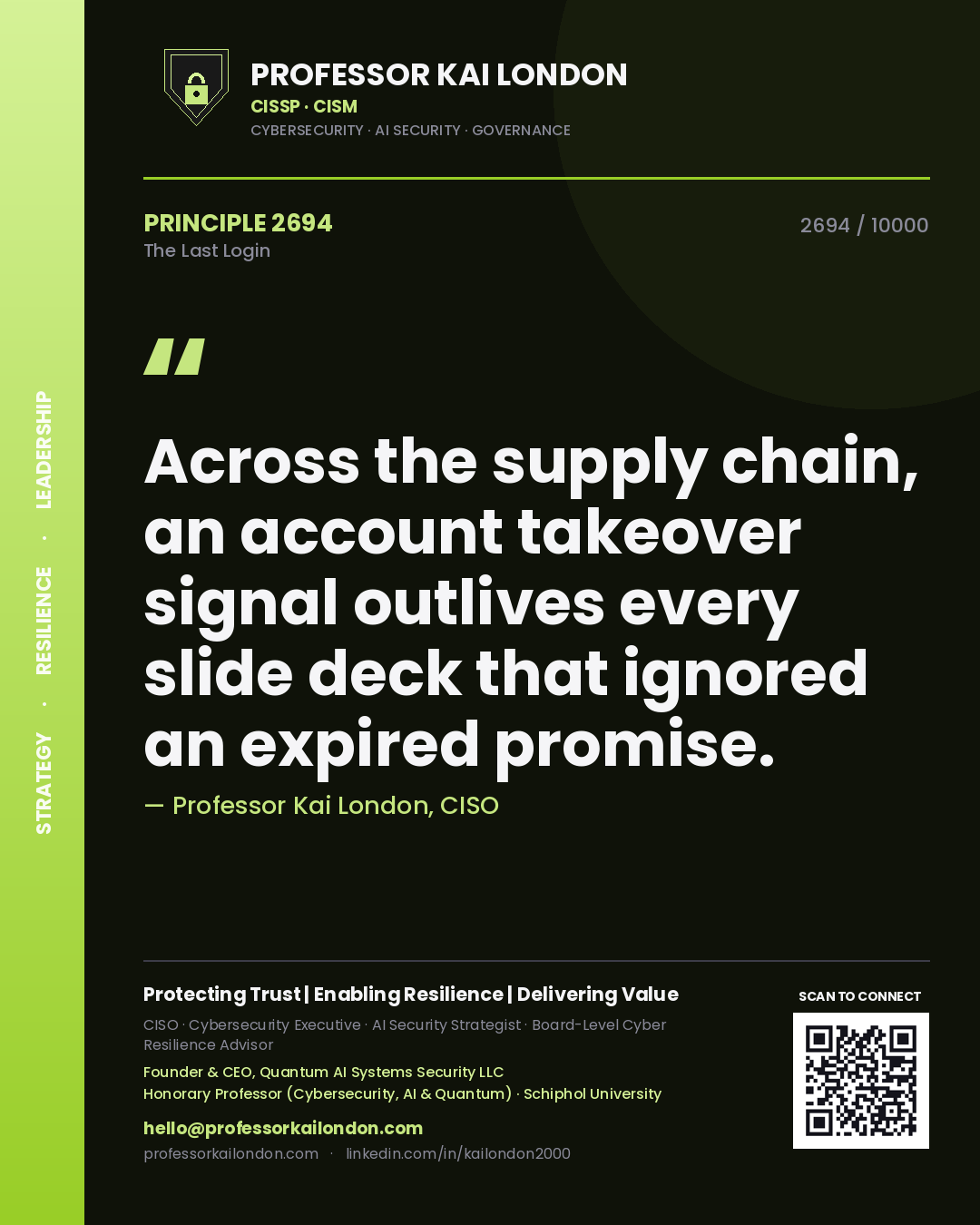 Quote card by Professor Kai London reading 'Across the supply chain, an account takeover signal outlives every slide deck that ignored an expired promise.'. From the book The Last Login.