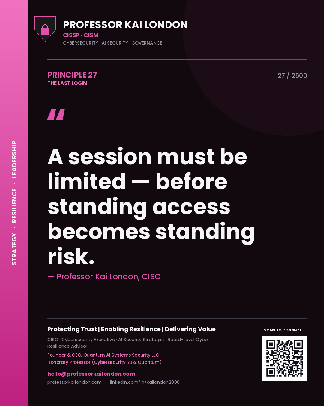 Quote card by Professor Kai London reading 'A session must be limited — before standing access becomes standing risk.'. From the book The Last Login.