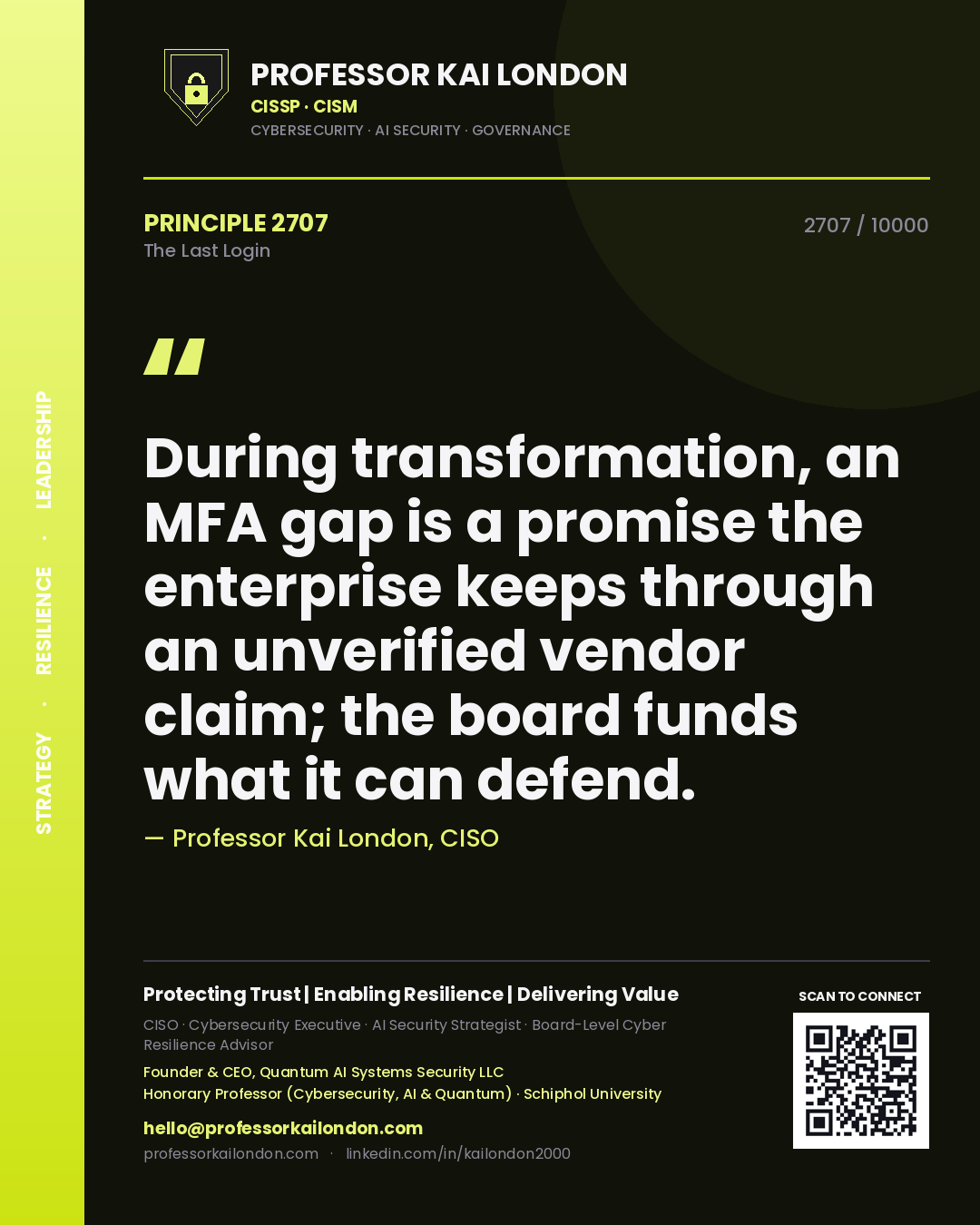 Quote card by Professor Kai London reading 'During transformation, an MFA gap is a promise the enterprise keeps through an unverified vendor claim; the board funds what it can defend.'. From the book The Last Login.