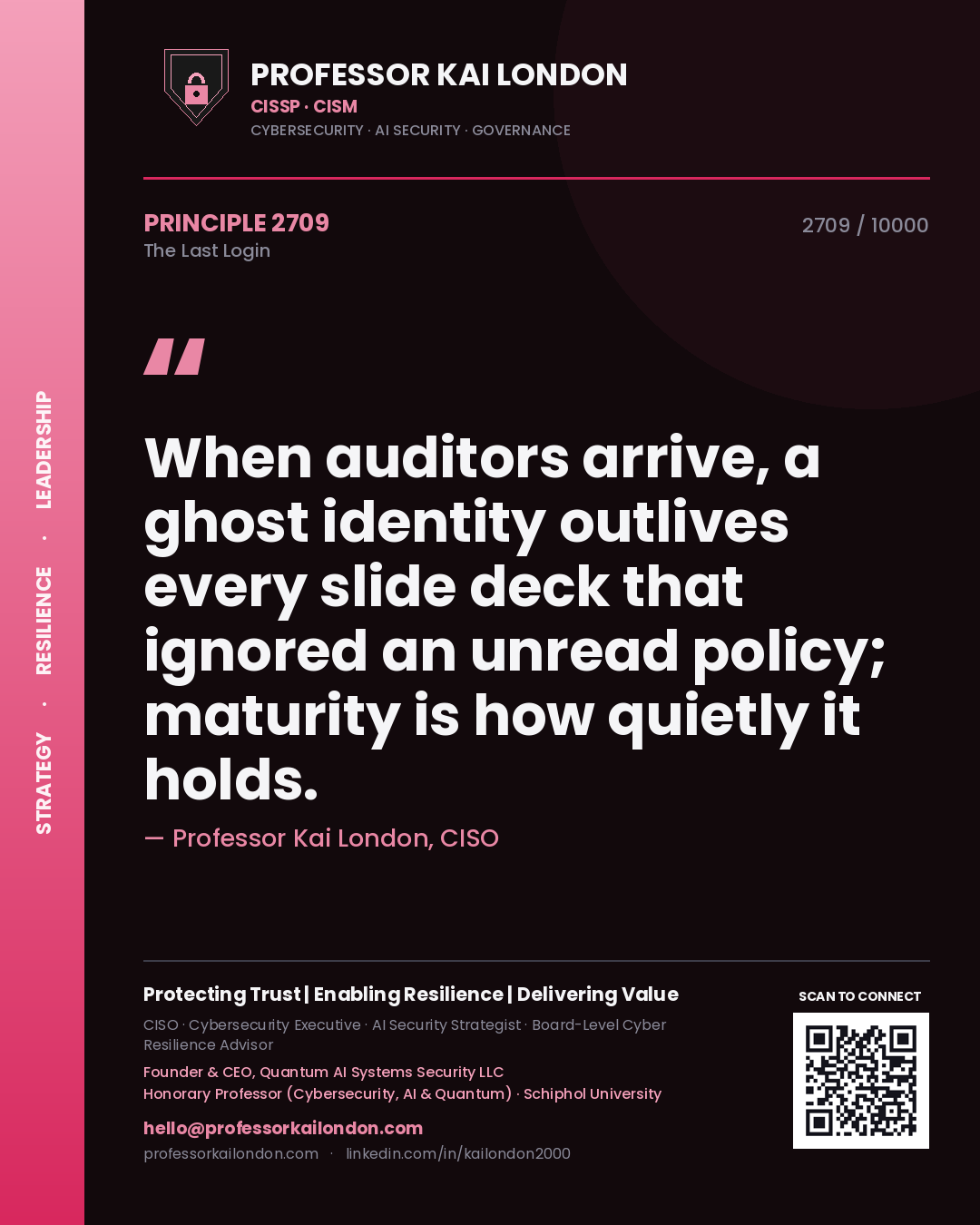 Quote card by Professor Kai London reading 'When auditors arrive, a ghost identity outlives every slide deck that ignored an unread policy; maturity is how quietly it holds.'. From the book The Last Login.
