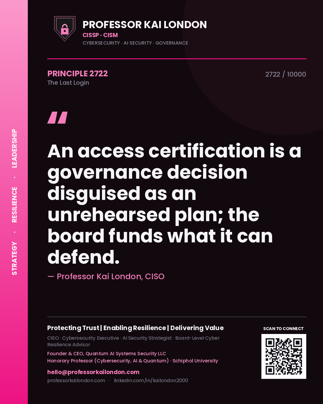 Professor Kai London principle 2722: An access certification is a governance decision disguised as an unrehearsed plan; the board funds what it can defend.