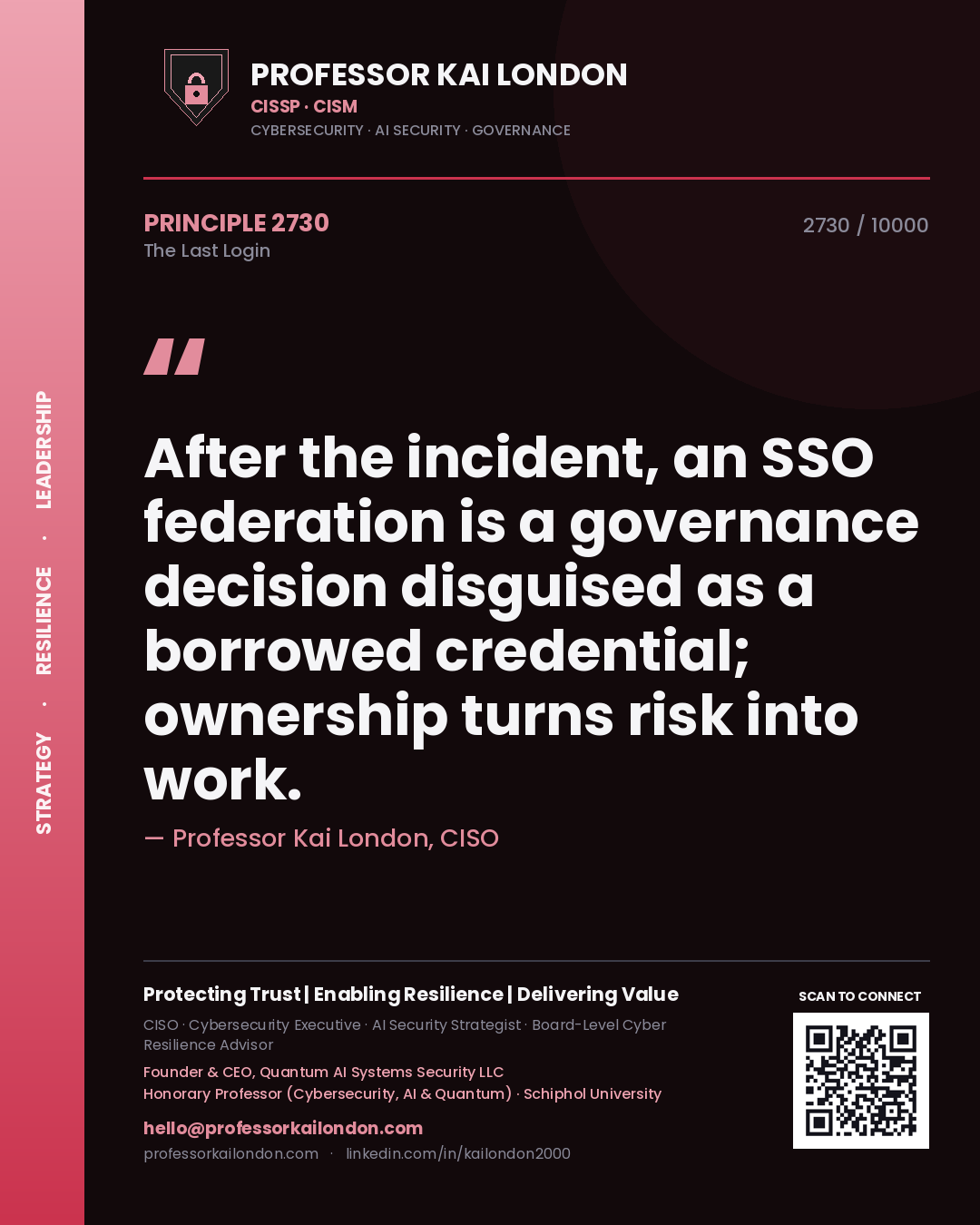 Quote card by Professor Kai London reading 'After the incident, an SSO federation is a governance decision disguised as a borrowed credential; ownership turns risk into work.'. From the book The Last Login.