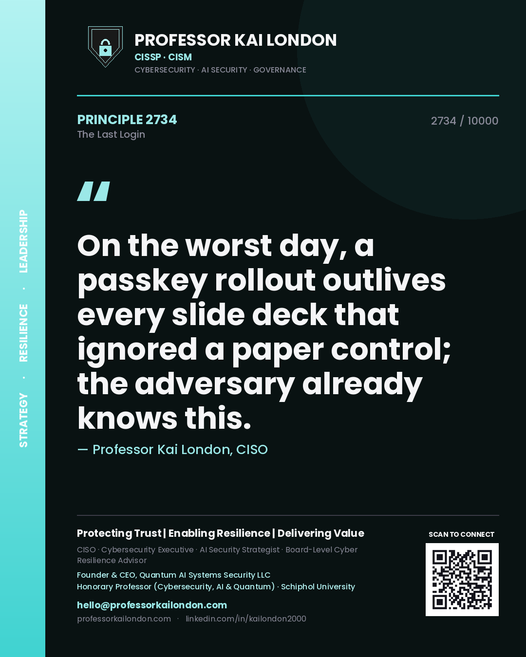 Quote card by Professor Kai London reading 'On the worst day, a passkey rollout outlives every slide deck that ignored a paper control; the adversary already knows this.'. From the book The Last Login.