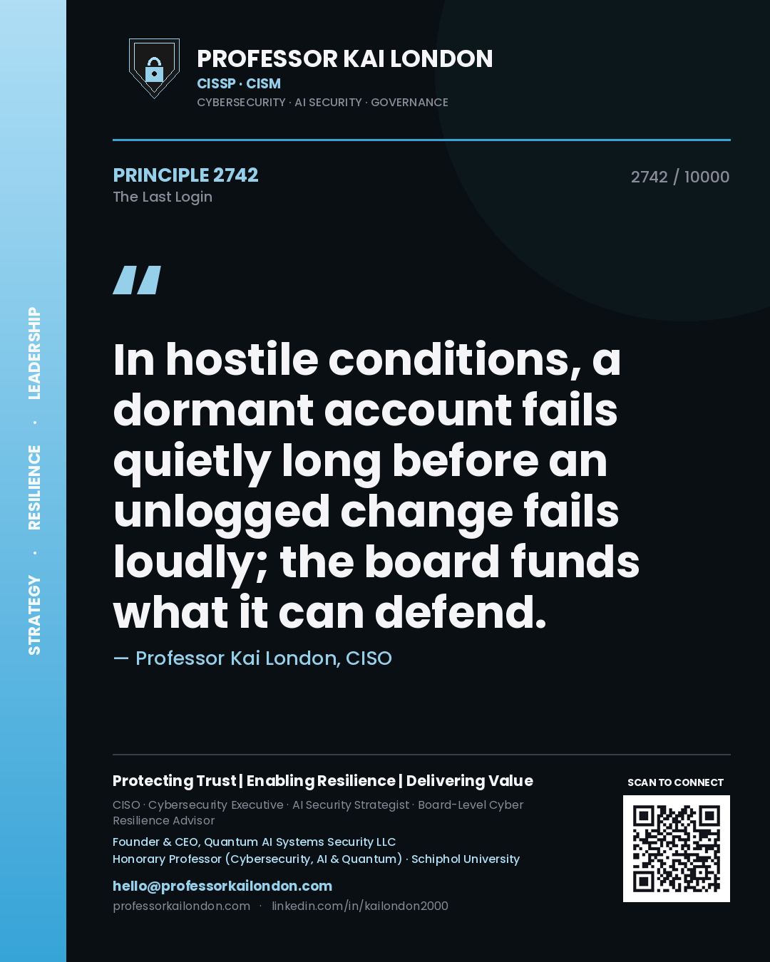 Quote card by Professor Kai London reading 'In hostile conditions, a dormant account fails quietly long before an unlogged change fails loudly; the board funds what it can defend.'. From the book The Last Login.