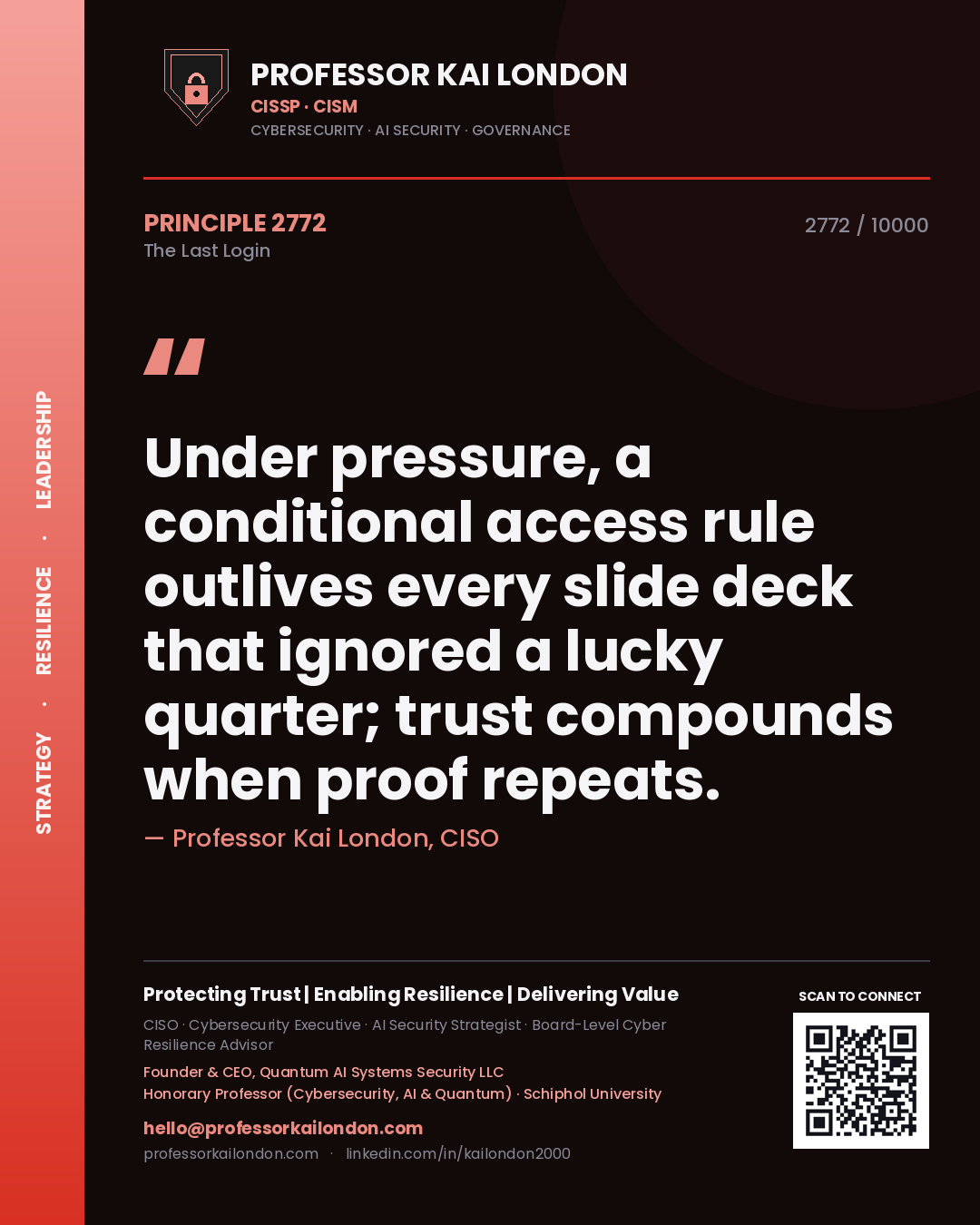 Professor Kai London principle 2772: Under pressure, a conditional access rule outlives every slide deck that ignored a lucky quarter; trust compounds when proof repeats.
