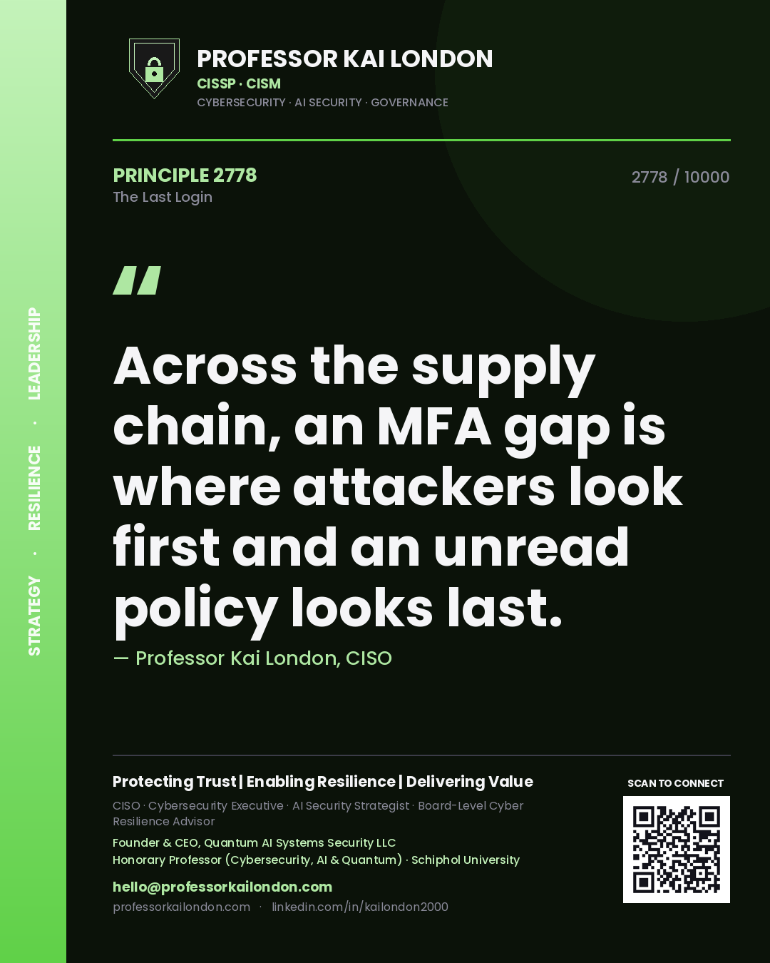 Professor Kai London principle 2778: Across the supply chain, an MFA gap is where attackers look first and an unread policy looks last.